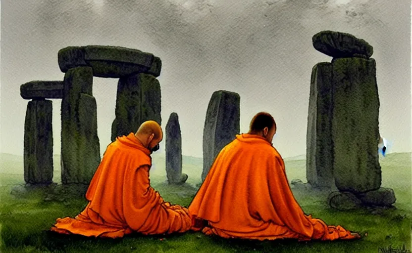 Prompt: a hyperrealist watercolour character concept art portrait of a small grey medieval monk and a giant orange medieval monk kneeling down in prayer in front of a futuristic stonehenge on a misty night. a ufo is in the sky. by rebecca guay, michael kaluta, charles vess and jean moebius giraud