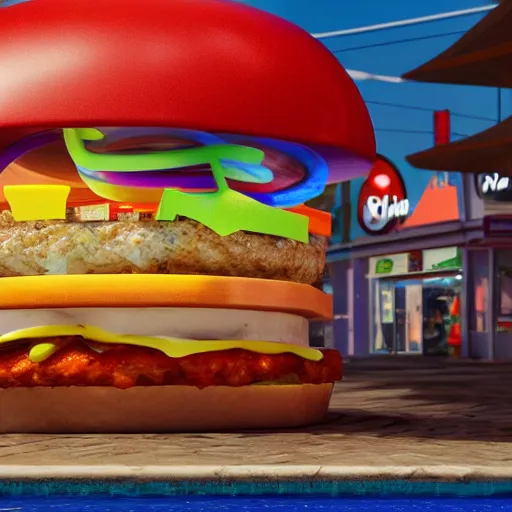 Image similar to burger, splash, burger machine, align art, 3 d render, incredible details, highly detailed, photorealistic, disney pixar, smooth, octane render, iridescent, 8 k