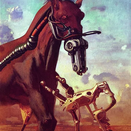 Image similar to carnivorous cyborg horse, by c. leyendecker, degas, simon stalenhag, studio ghibli, barlowe, audobon and beksinski