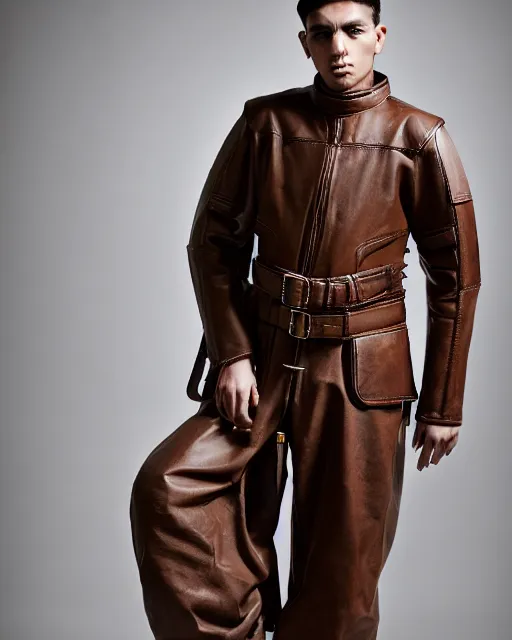 Prompt: a fashion editorial photo of a brown extremely baggy short ancient medieval designer menswear leather motorcycle jacket with an oversized collar and baggy bootcut trousers designed by alexander mcqueen, 4 k, studio lighting, wide angle lens