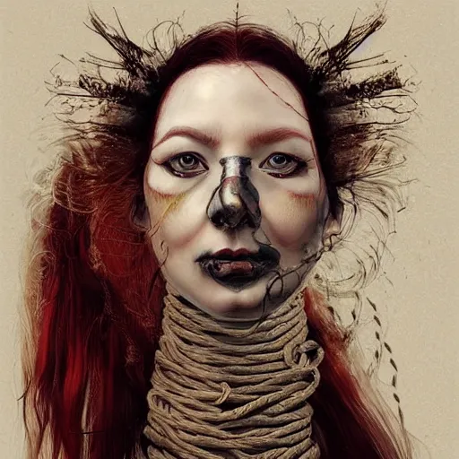 Image similar to portrait of a Shibari rope wrapped face and neck, headshot, insanely nice professional hair style, dramatic hair color, digital painting, of a old 15th century, old cyborg merchant, amber jewels, baroque, ornate clothing, scifi, realistic, hyperdetailed, chiaroscuro, concept art, art by Franz Hals and Jon Foster and Ayami Kojima and Amano and Karol Bak,