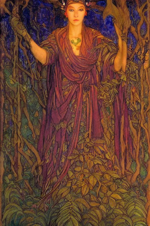 Image similar to queen of the forest with her lantern by Annie Swynnerton and Nicholas Roerich and jean delville, strong dramatic cinematic lighting , ornate headdress , flowing robes, lost civilizations, smooth, sharp focus, extremely detailed