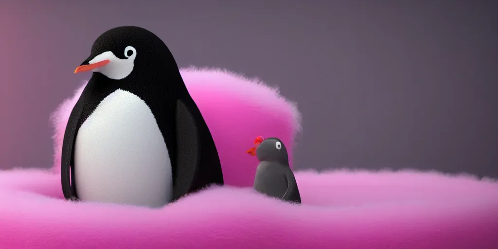 Prompt: cute realistic penguin sitting in an pink fluffy bed, unreal 5