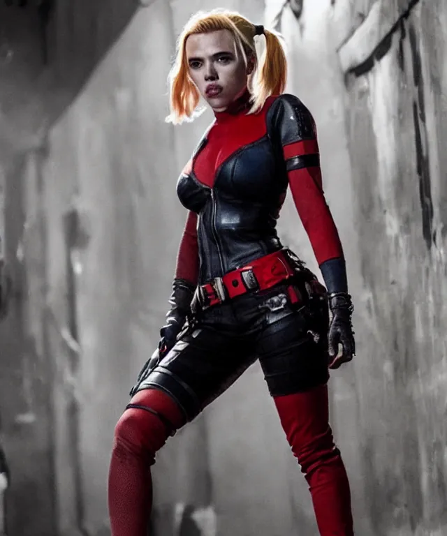 Prompt: Scarlett Johansson starring as Harley Quinn in Birds of Prey (2020 film), cinematic portrait, dark alley background