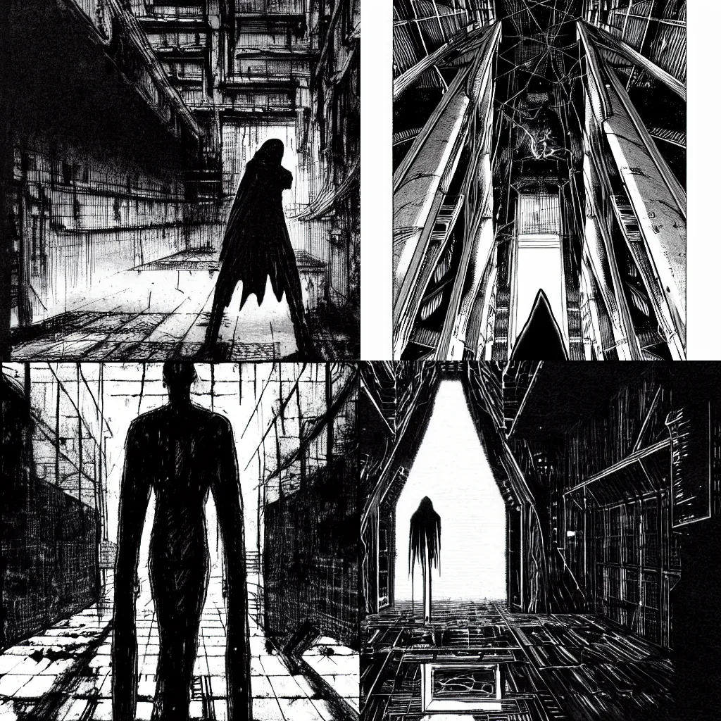 Prompt: a cloaked, lonely vampire wandering a vast, infinite brutalist megastructure interior, drawn by tsutomu nihei