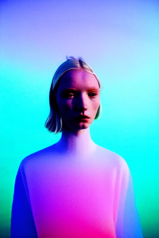 Image similar to high quality pastel coloured film close up wide angle photograph of a model wearing clothing swimming on cloud furniture in a icelandic black rock!! environment in a partially haze filled dreamstate world. three point light, rainbow. photographic production. art directed. pastel colours. volumetric clouds. pastel gradient overlay. waves glitch artefacts. extreme facial clarity. 8 k. filmic.