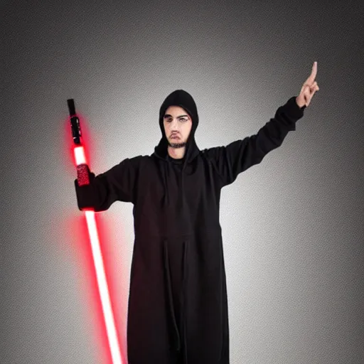 Prompt: a man with black hair in a black hoodie posing while holding a red lightsaber, Trending on artstation