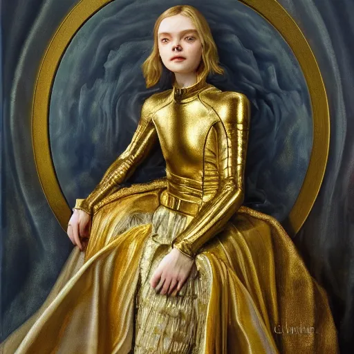 Prompt: Elle Fanning in a gold armor, religious masterpiece portrait, oil on canvas, occult night, in the world of Andrew Wyeth and Dark Souls, artstation, by J. C. Leyendecker and Peter Paul Rubens,