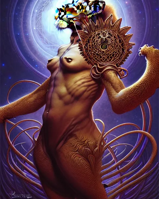 Image similar to a lion tarot card, fantasy character portrait made of fractals, ultra realistic, wide angle, intricate details, the fifth element artifacts, highly detailed by peter mohrbacher, hajime sorayama, wayne barlowe, boris vallejo, aaron horkey, gaston bussiere, craig mullins