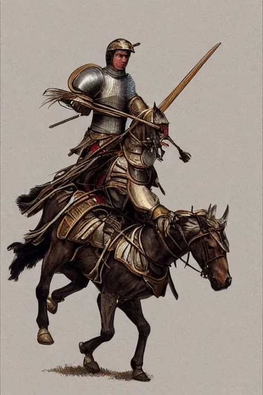 Image similar to ( ( ( ( ( ( ( a knight riding a horse with wagon wheels ) ) ) ) ) ) ) by chris mcgrath and greg rutowski and wlop!!!!!!!!!!!!!! muted colors, detailed