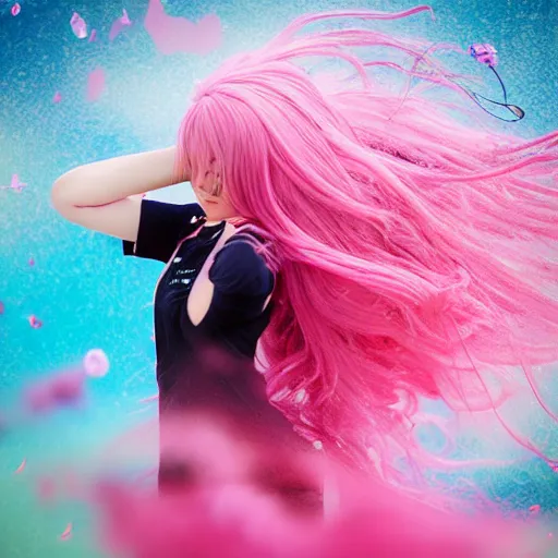 Image similar to “anime girl, flowing pink hair, extremely beautiful, swirly pink background, action shot, by Kurahana Chinatsu, trending on PixArt”