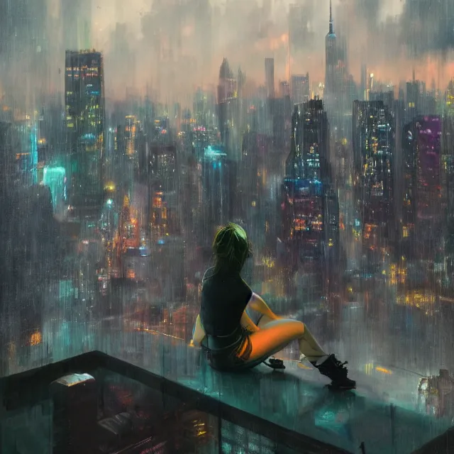 Prompt: a girl sitting on a small ledge overlooking a futuristic new york city below, ghostpunk, neon lights, storm clouds, rain falling, detailed background, by craig mullins, by jc leyendecker, by james jean