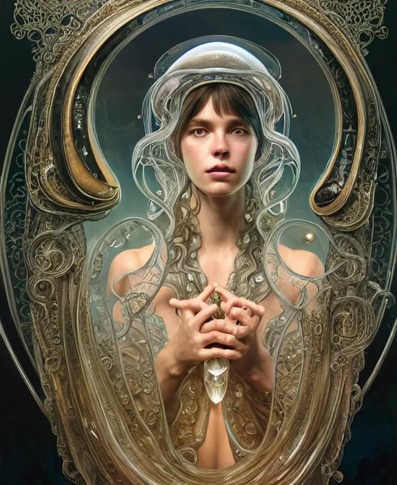 Prompt: intricate ornate opulent transparent clear see - through portrait of a terrifying beautiful alien mollusk, mottled coloring, adorable, childlike, pastoral environment, ultra realistic, concept art, art nouveau, photorealistic, octane render, 8 k, unreal engine. art by christopher marley and artgerm and greg rutkowski and alphonse mucha