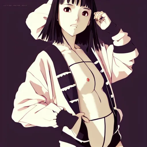 Image similar to a beautiful japanese natalie portman gravure model, wearing oversized native designer bomber jacket and leotard with overalls, bulky poofy bomber jacket with mesoamerican patterns, mesoamerican native street fashion, gapmoe yandere grimdark, trending on pixiv fanbox, painted by greg rutkowski makoto shinkai takashi takeuchi studio ghibli, akihiko yoshida