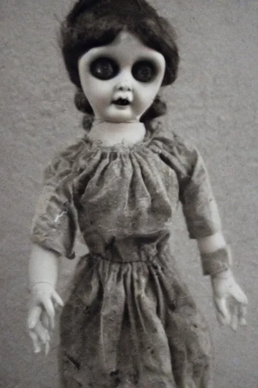 Prompt: dirty cracked screaming vintage doll maggots in eyes in darkly lit dusty basement cobwebs old photo