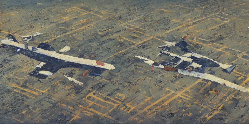 Prompt: edmund lewandowski painting of an overhead view of an aircraft graveyard