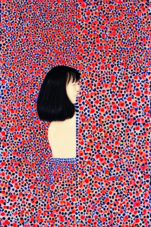 Prompt: hyper realistic painting of a japanese woman foreground by kei mieno, pattern background by yayoi kusama, highly detailed, symmetrical