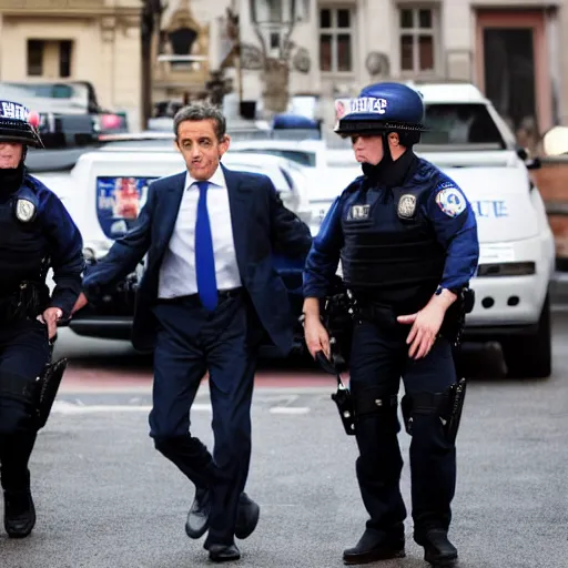 Image similar to fbi director Nicolas Sarkozy getting arrested by police agents, photo 85mm, f/1.3