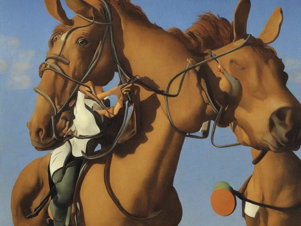 Image similar to a pack mule with headphones on, happy mule, definitely include a mule, musical notes in the air, by Raphael, Hopper, and Rene Magritte. detailed, romantic, enchanting, trending on artstation.