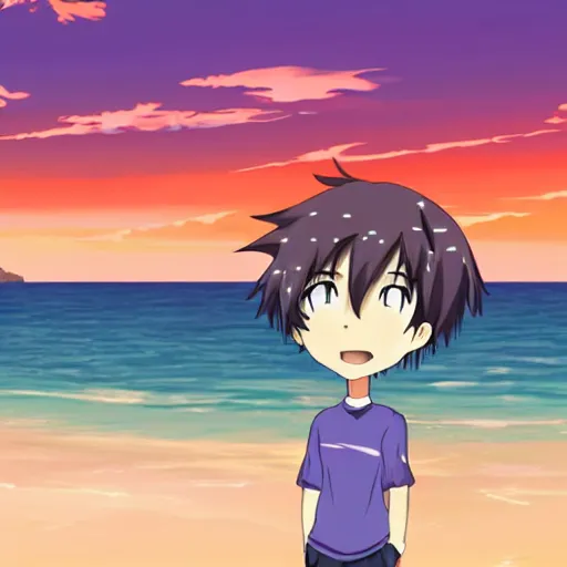 Prompt: Anime boy standing on the beach, smiling at the camera. Sunset. Anime Still frame.