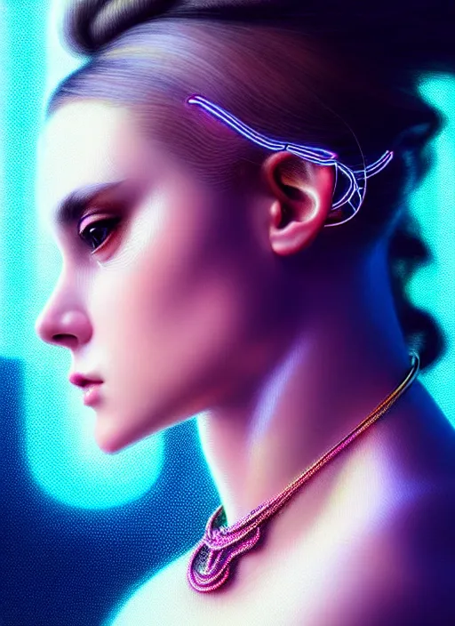 Image similar to a highly detailed long shot photo of intricate female face portrait, futurism, rococo, cyber neon lighting, detailed futuristic fibonacci jewelry, profile posing, hyper photorealistic, crispy quality, digital photography, trending in pinterest, cinematic, 4 k ultra hd, art by pascal blanche, art by greg rutkowski, art by artgerm,