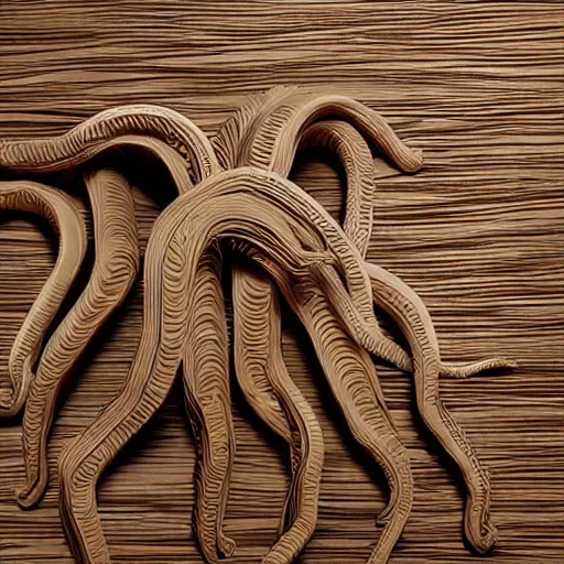 Image similar to tentacles made of brown corrugated cardboard, cut out of cardboard, realistic photography, fantasy