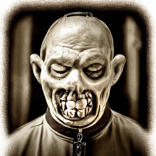 Image similar to a priest with no mouth holding a zombie head, realistic, found footage style, sepia photography