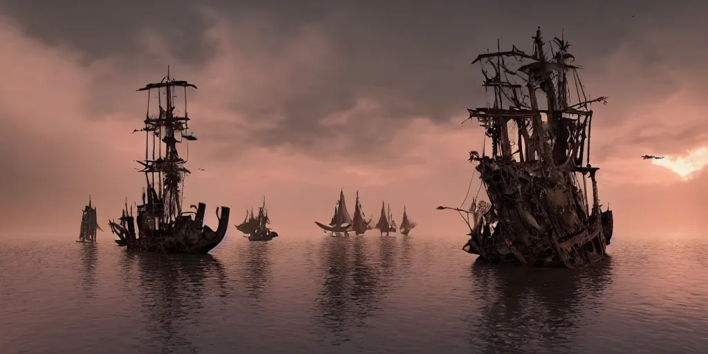 Prompt: shipwrecked spanish galleon, mast and tattered sails, sinking in the mekong delta, sunset, clouds, moonlight, wrecked sunken pirate ship in river, tall mast, shipwrecks, deconstructed ship, pirate symbol, ghost ship, vietnamese fishing boats, cinematic lighting, hyper realistic, mist, octane render, 8 k volumetric, hyper detailed, ripples, reflections