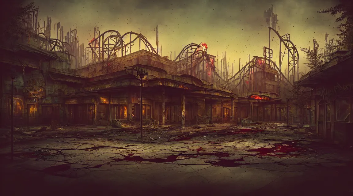 Prompt: post apocalyptic theme park, dusk, building, avenue, americana architecture, by pascal blanche, neil blevins, apocalyptic color palette, trending on artstation, photorealistic, wilderness ambiance, ultra detailed, high definition, depth of field, bokeh, rubble, nature overgrowth, blood stains, building crumbling