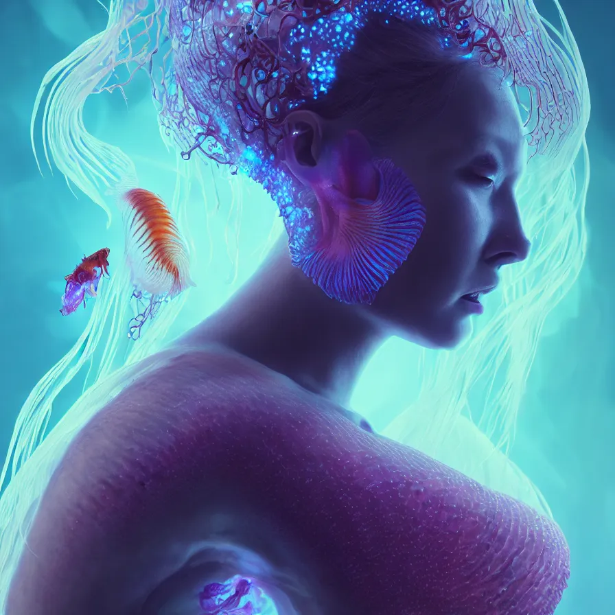 Image similar to goddess close-up portrait. orchid jellyfish phoenix head, nautilus, skull, betta fish, bioluminiscent creatures, intricate artwork by Tooth Wu and wlop and beeple. octane render, trending on artstation, greg rutkowski very coherent symmetrical artwork. cinematic, hyper realism, high detail, octane render, 8k