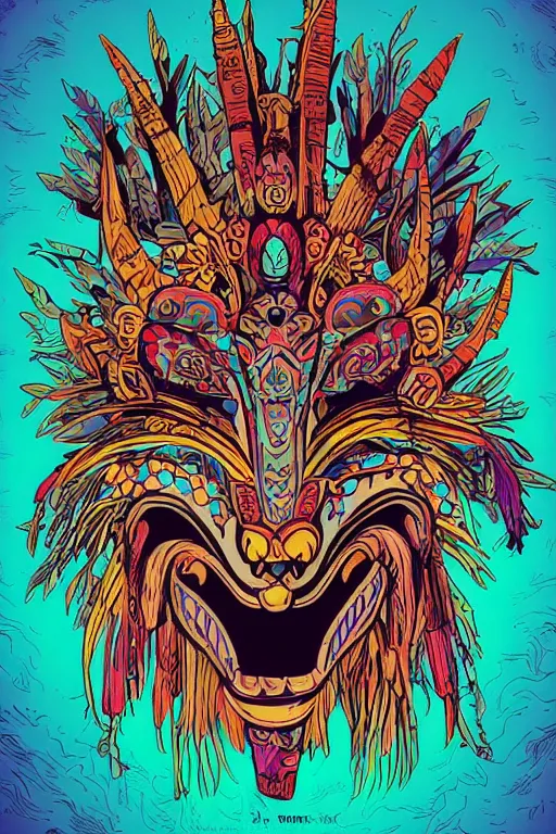 Image similar to animal mask totem roots flower tribal feather gemstone plant wood rock shaman vodoo video game vector cutout illustration vivid multicolor borderlands comics by josan gonzales and dan mumford radiating a glowing aura