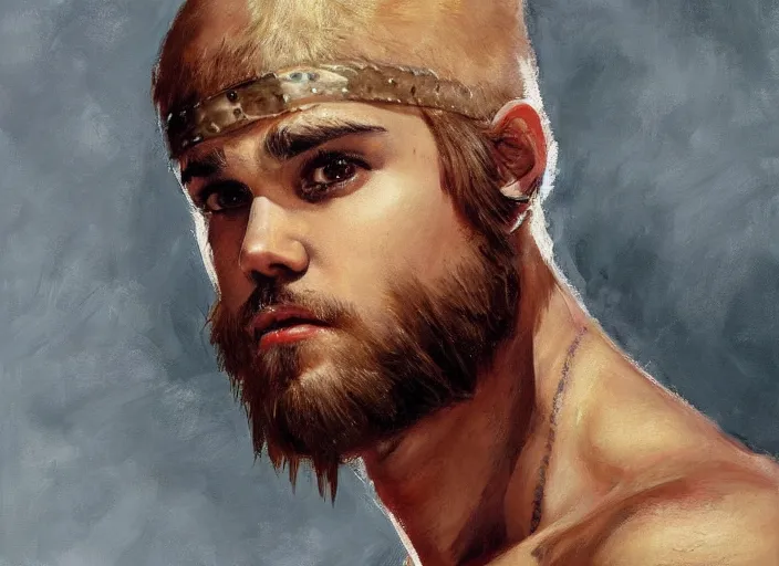 Image similar to a highly detailed beautiful portrait of justin bieber as kratos, by gregory manchess, james gurney, james jean