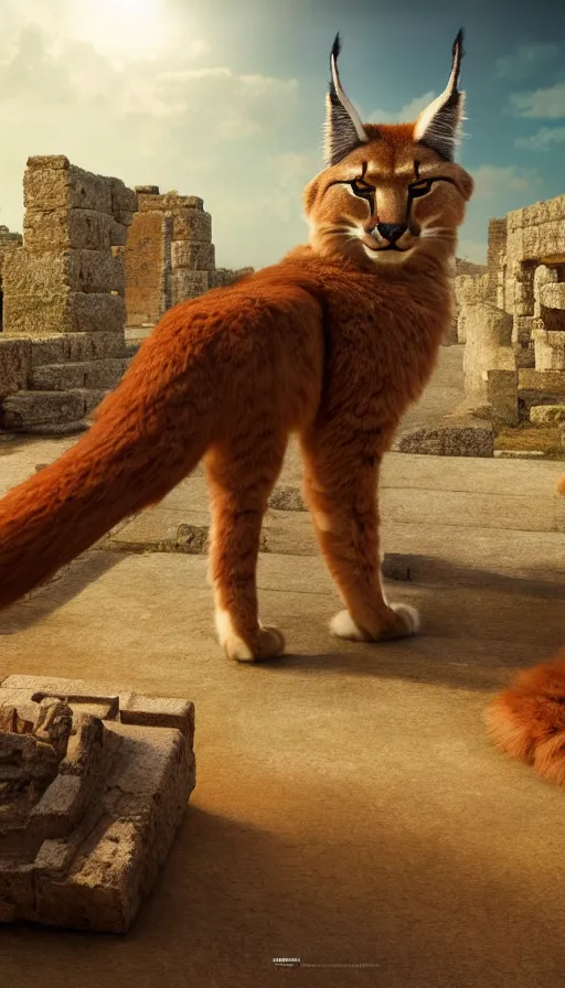 Image similar to fullbody photo of cute fluffy caracal as alexander the great, ancient greek city, sun behind him, sunny day, by ilya kuvshinov, rtx rendering, octane render 1 2 8 k, maya, extreme high intricate details by tom bagshaw, medium shot, close up shot, composition by sana takeda, lighting by greg rutkowski