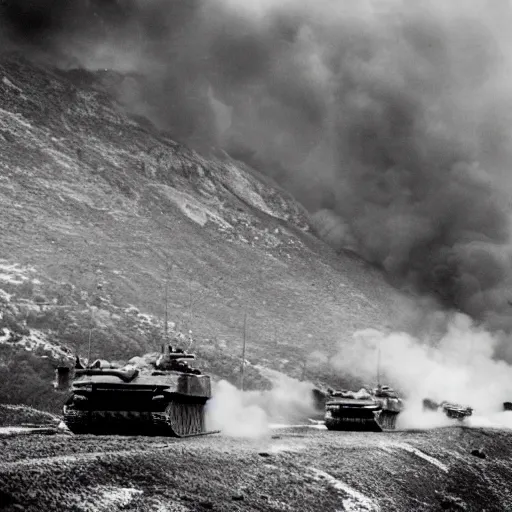 Prompt: Battlefield tanks storming the mountainside.