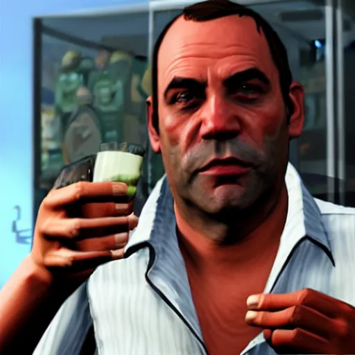 Image similar to michael from gta v drinking alcohol