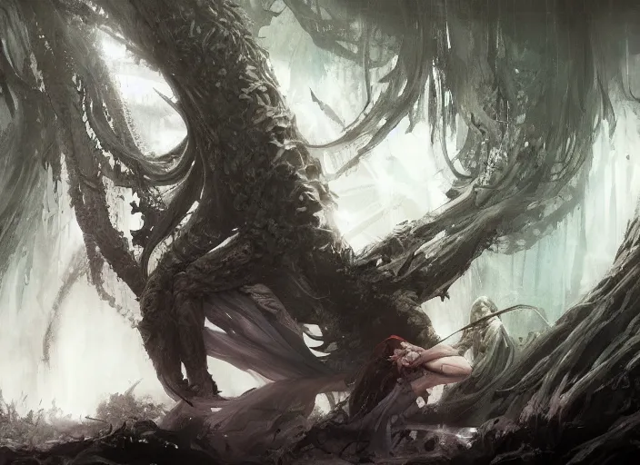 Image similar to my bed giant girl cthulhu in the dark forest greg rutkowski, yoji shinkawa, yoshitaka amano, tsutomu niehi, moebius, donato giancola, geoffroy thoorens, concept art, trending on artstation, featured on pixiv, cinematic composition, 8 k