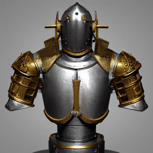 Image similar to bust portrait of a knight, silver, steel, ornate decoration, gold trim, octane, unreal 5