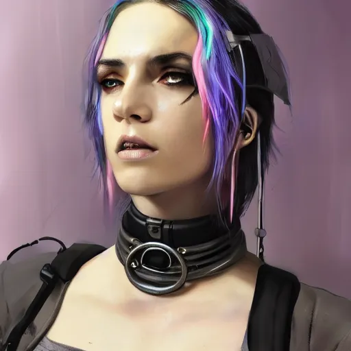 Image similar to detailed realistic cyberpunk female character cyberpunk wearing large steel collar around neck, realistic, art, beautiful, 4K, collar, choker, collar around neck, punk, artstation, detailed, female, woman, choker, cyberpunk, neon, punk, collar, choker, collar around neck, thick collar, choker around neck, wearing choker, wearing collar, bright neon punk hair, collar, choker,