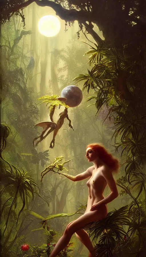 Image similar to hyper realistic alien, lush plants, full moon, light rays, gnarly trees by tom bagshaw, mucha, gaston bussiere, craig mullins, j. c. leyendecker 8 k