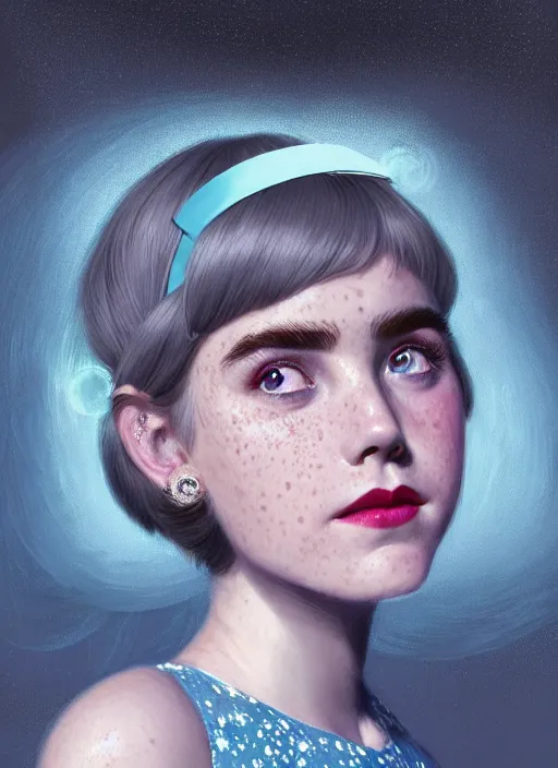 Image similar to portrait of kiernan shipka with freckles, white hair, big 1 9 6 0 s bob hairstyle with bangs and hairband, blue 1 9 6 0 s dress, intricate, elegant, glowing lights, highly detailed, digital painting, artstation, concept art, smooth, sharp focus, illustration, art by wlop, mars ravelo and greg rutkowski