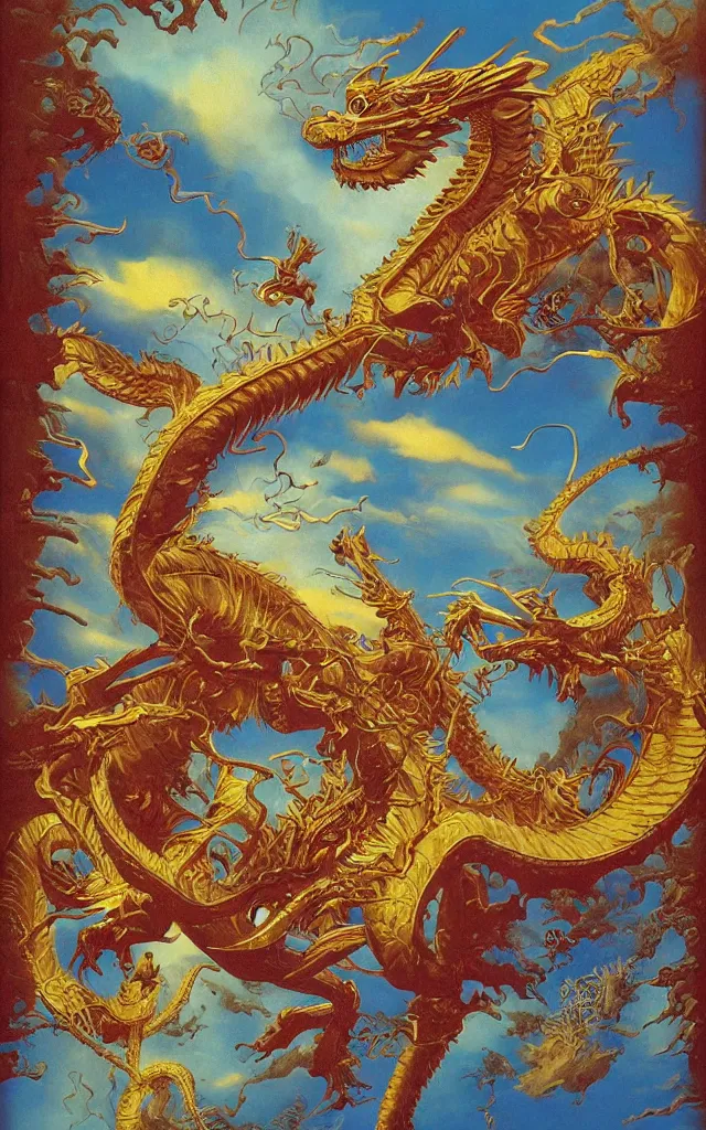 Image similar to golden dragon, epic, legendary, cinematic composition, stunning atmosphere by james jean by roger dean by lee madgewick