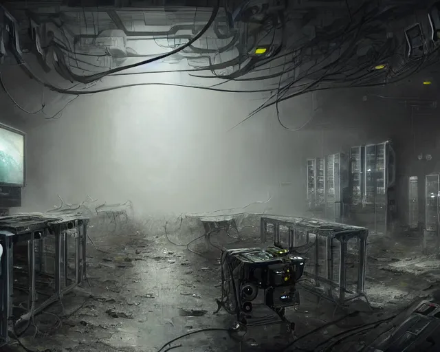 Prompt: spot boston dynamics in gloomy ruined server room in datacenter painting concept art of colossus, sharp focus, emitting diodes, smoke, artillery, pacing, computers, racks, motherboard, by pascal blanche rutkowski artstation detailed matte painting, 4 k resolution