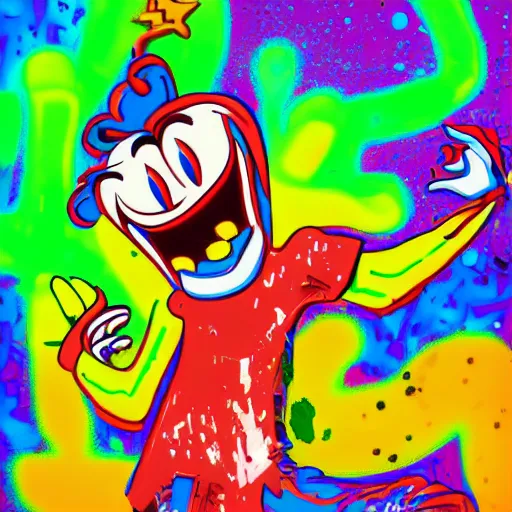 Image similar to goofy covered in blood in a dance rave, neon coloring, digital art, highly detailed