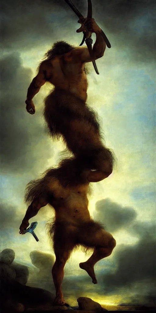 Prompt: muscular oversized dolphin animal as barbarian hunter with weapon and anthropomorphic human oversized mutant proportions and very hairy body , backlight body , extreme very textured detailed intricate futuristic painting by rembrandt, sunset, dramatic clouds cyan atmosphere