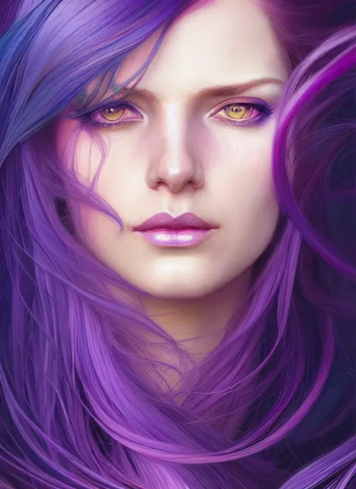 Image similar to Portrait of a woman with bright colored flying hair, all shades of purple. Hair coloring, amber eyes, face, long hair, fantasy, intricate, elegant, highly detailed, digital painting, artstation, concept art, smooth, sharp focus, illustration, art by artgerm and greg rutkowski and alphonse mucha