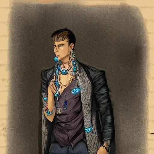 Prompt: a character sketch of a handsome young man wearing excessive jewelry in a tasteful way