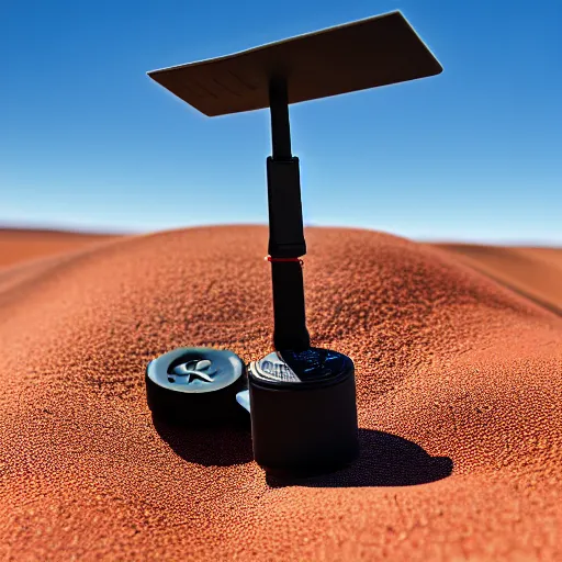 Image similar to miniature camoflaged rugged weather station sensor antenna for monitoring the australian desert, XF IQ4, 150MP, 50mm, F1.4, ISO 200, 1/160s, dawn