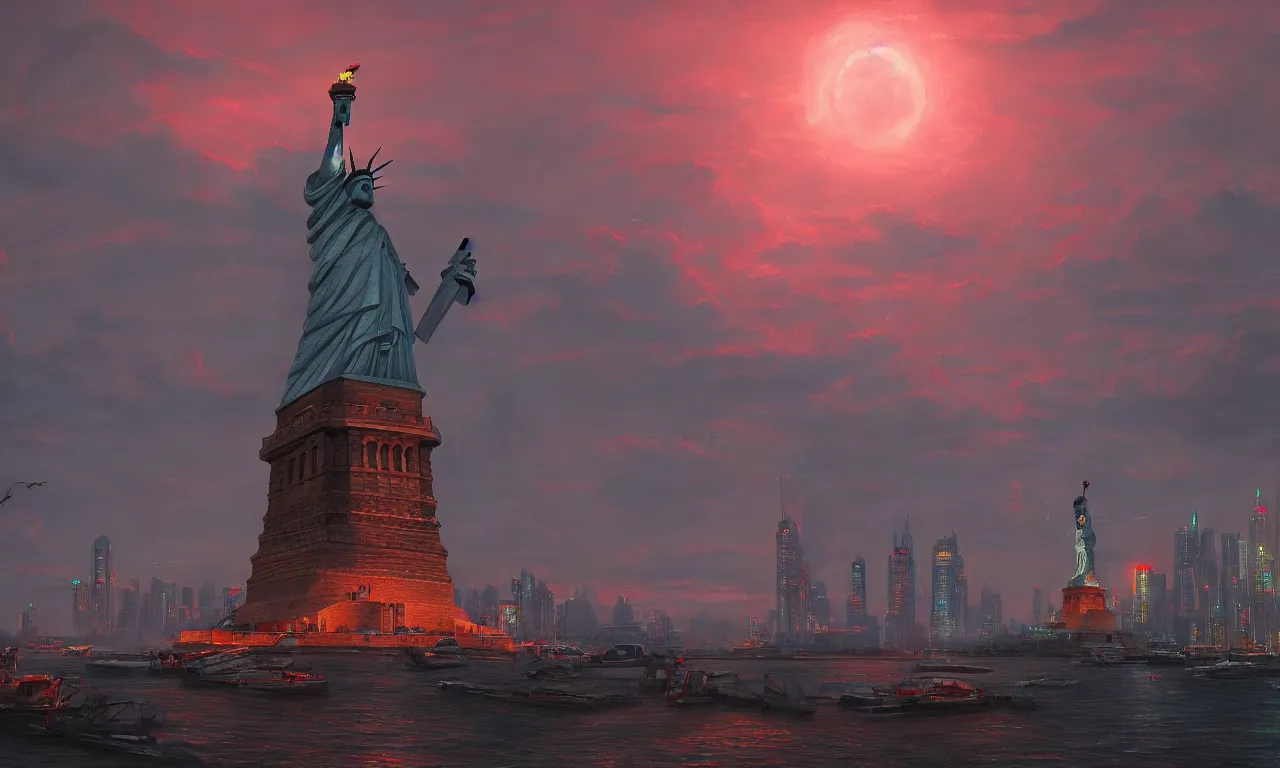 Prompt: giant harbor robot statue of liberty looking over the harbor, by asher brown durand, trending on artstation, 8 k resolution, red lights, cyberpunk, demonic symbols