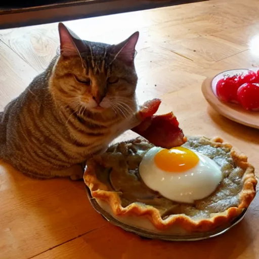 Prompt: fat tabby cat eating a bacon and egg pie