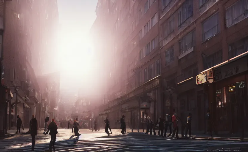 Image similar to photorealistic blame! city streets. daylight. sunlight. lens flare. light fixtures. 8K. detailed. photorealism. artstation, ghibli. 25mm f/1.7 ASPH Lens. ultra realistic